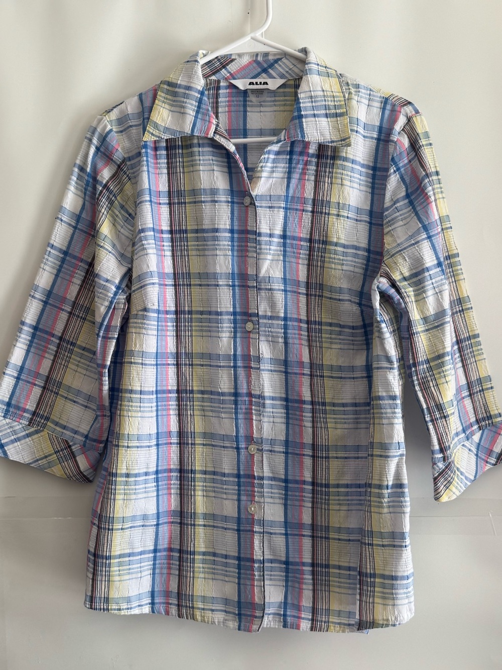 Alia multicolor plaid button-up shirt 3/4-length sleeves top blouse